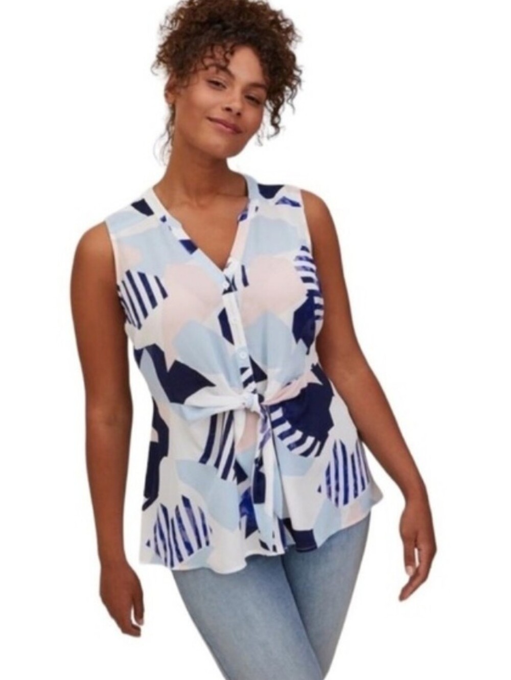 Torrid Navy, Light Blue & Blush Geometric Tie-Front Sleeveless Blouse